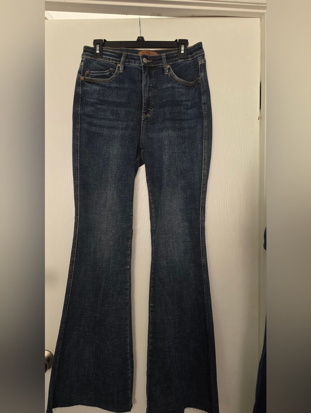 Judy Blue Dark Wash 5 Pocket Women's High Rise Stretch Flare Fit Raw Hem Jeans